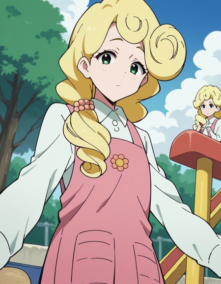 score_9, score_8_up, score_7_up, source_anime, <lora:kaori-hanase-s1-ponyxl-lora-nochekaiser:1>, kaoru hanase, long hair, blonde hair, hair over shoulder, green eyes, curly hair, otoko no ko,, apron, shirt, collared shirt, long sleeves, pink apron, denims, pants,, playground, swings, slides, children, outdoors, , from below, looking at viewer, solo,, dutch angle, cowboy shot