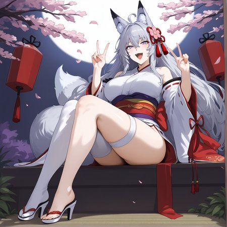 score_8_up, source_anime, rating_explicit, 
1girl, ahoge, animal ear fluff, animal ears, bow, breasts, detached sleeves, double fox shadow puppet, flower, fox ears, fox girl, fox shadow puppet, fox tail, grey hair, high heels, japanese clothes, kimono, large breasts, long hair, obi, open mouth, pink flower, purple eyes, red bow, red sash, sash, single thighhigh, slit pupils, solo, tail, thighhighs, white footwear, white kimono, white thighhighs, wide sleeves