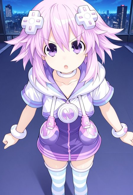 masterpiece, best quality, amazing quality, very aesthetic, absurdres, newest,shiny skin,, anime screenshot,  anime coloring, NepNep, purple hair, purple eyes, neptune (neptune series), NepNep, Fol001, Np_Def, purple hair, purple eyes, neptune (neptune series), d-pad hair ornament, cropped hoodie, closed hoodie, white hoodie, white hood, hood down, white choker, zipper dress, purple dress, white bracelet, collarbone, striped thighhighs, short sleeves, white thighhighs, blue thighhighs,
simple background,  city background,   open mouth, looking at viewer, xdive, Serious expression, Full body,