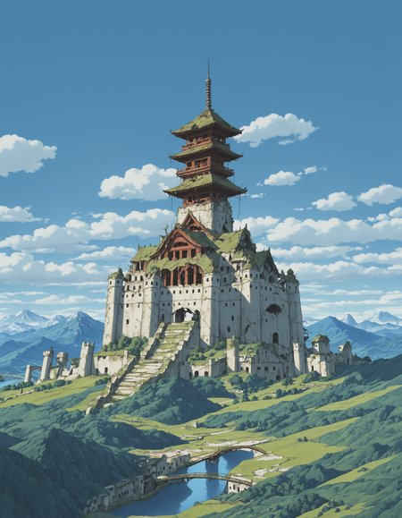 castle, portcullis, mountain, bridge, traditional architecture, no people, studio_ghibli, pagoda, abandoned, crumbling ruins, landscape, blue sky, clouds, masterpiece, best quality, amazing detail, high definition
