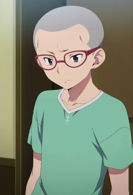 masterpiece, best quality, , anime screencap, anime coloring, ,, 1boy, solo, male focus, <lora:konekomaru_miwa_ilxl:1>, konekomaru_miwa, grey hair, black eyes, bald, glasses, red-framed eyewear, ,
