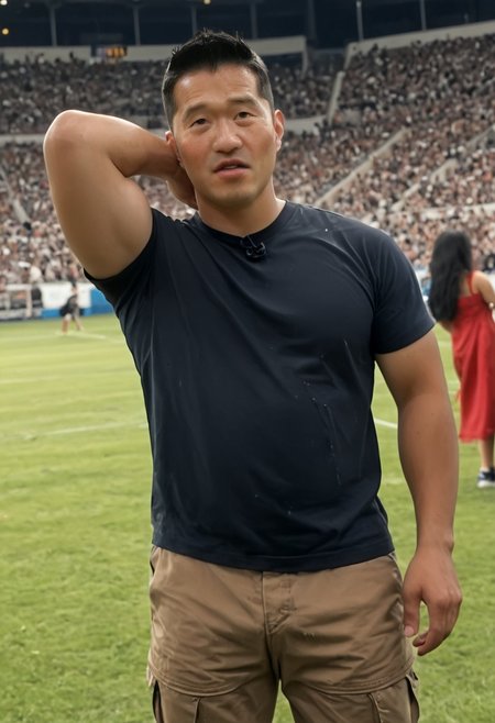 score_9, score_8_up, score_7_up, realistic, photorealistic, highly detailed, intricate details, detailed background, depth of field, 1male focus, black hair,  (sweaty:1.2), (shiny oily skin), (steaming body),mature male, mature, muscular, large pectorals, puffy nipples, (((htkangface))), East Asian face,  hairy armpits,  male focus,bara,muscular male, pectorals, muscular, large pectorals, huge nipples covered, seductive face, msteamy, tanned skin, HD high professional quality photo of an indoor event where Loic Barcourt is standing performing in a giant stadium show for millions of people. The man has htkangface. He is looking at the camera. He is wearing a black shirt and brown cargo pants and is holding a microphone close to his mouth. RAW candid cinema, 16mm, color graded portrait 400 film, remarkable color, ultra realistic, textured skin, remarkable detailed pupils, realistic dull skin noise, visible skin detail, skin fuzz, wet skin, shot with cinematic camera