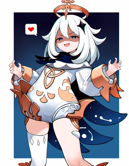 <lora:Helltaker_Judgement_Pose__Pose__Meme:0.9:lbw=0,0,0,0,1,0,1,0,0,0,0,0> <lora:misaka12003GouNSFWStyle_vpred10:1> chromatic aberration
1girl, solo, (paimon \(genshin impact\)), smile, open mouth, v-shaped eyebrows, evil eyes, evil smile, partially shaded face, 
judgement pose, outside border, blue background, arched back, spoken heart, safe, half-closed eyes, cowboy shot, legs apart, looking down, masterpiece, best quality, newest, absurdres, highres