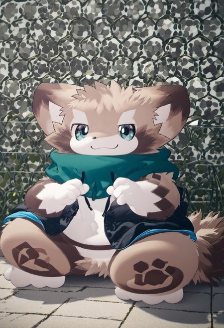 score_9, score_8_up, score_7_up, ((((sdgs4by zuppu11)))), feresuto (furry), 1boy, furry, solo, zPDXL3, blushing, sitting on ground
