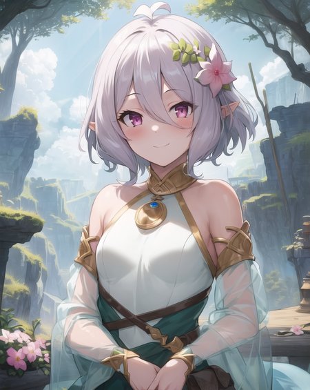 masterpiece, best quality, ultra-detailed, illustration, epic lighting, cinematic composition, (finely detailed beautiful eyes: 1.2), 1girl, medium breasts, kokkoro, pink eyes, short white hair, ahoge, white hair flower, nude, pussy, looking at viewer, smile, blush, closed mouth, upper body, outdoors, fantasy, nature, (8k:1.1)   <lora:kokkoro_v1:1>