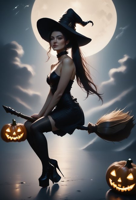 score_9, score_8_up, score_7_up, realistic, masterpiece, best quality, absurdres, vibrant, highly detailed, gorgeous, sexy, enchanting, 
BREAK 
SeijV2, high ponytail, open hair, reij-bewitched, black dress, black choker, black platform shoes, black stockings, black hat, pumpkin hatdetail, (smirk:0.6), skin details, detailed eyes, r1dingbroom, broom riding, broom, sidesaddle, looking at viewer
BREAK 
Jed-dtl, (dark:1.2), night, starry sky, (full moon:1.5)