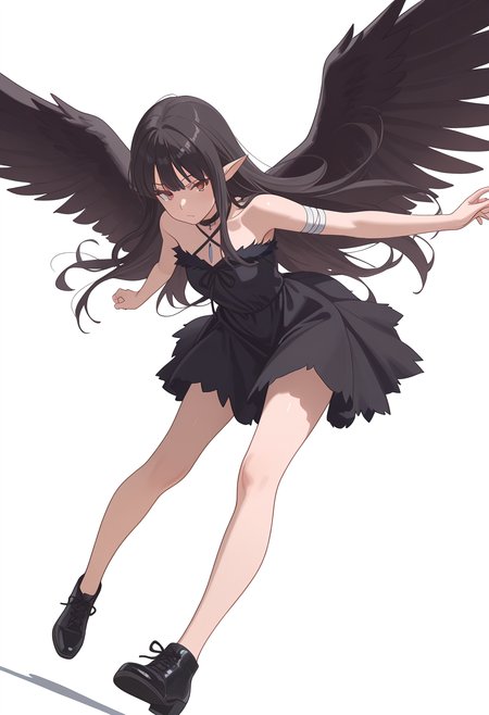 Smooth Quality,masterpiece,very intricate, high quality details, ultra realistic, high detailed skin,detailed enviorement,absurdres,
simple background, white background,
dutch angle,kubrick stare,jumping pose, arms spread wide, legs bent mid-air, joyful expression, dynamic energy,  ,
 <lora:Reese_evecnn:0.8>evecnn,1girl, long hair, black hair, red eyes, pointy ears, bangs, black dress, sleeveless dress, halterneck, criss-cross halter, choker, shoes, black footwear, black wings, feathered wings, bandages,