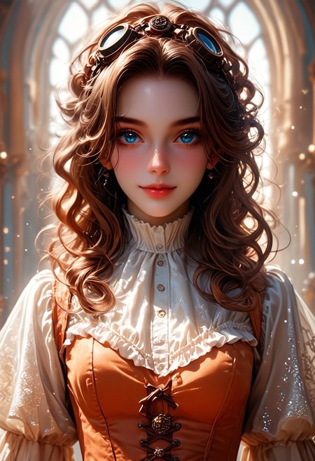 (score_9, score_8_up), score_7_up, 1girl, Highly detailed RAW color Photo, aroused depicted of 1girl, Whimsical steampunk beauty, radiant smile, freckled face. Messy updo with loose curls, golden-brown hair. Piercing blue eyes, long lashes. Brass goggles atop head. Ornate choker and delicate necklaces. Sunlit skin, rosy cheeks. Shimmering orange corset top. Victorian-inspired white blouse. Intricate background with gilded details. Warm, ethereal lighting. Hyper-realistic portrait style. Blend of vintage and fantasy elements. Sparkles and lens flares. Soft bokeh effec