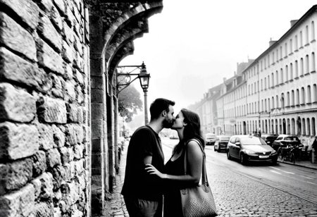 monochrome, instagram photo, a loving couple is standing at a street lamp and kissing. this lantern is at the head of an old bridge. in the background you can see an old town with a castle and a church, which is foggy. it's autumn, foggy and it's at night