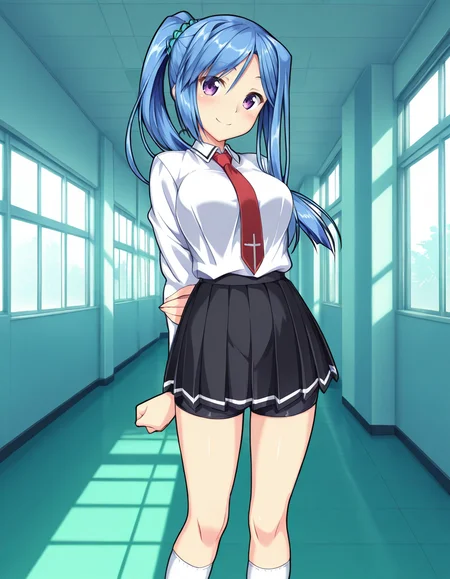 Ririela Churack (human),purple eyes,blue hair,long hair,ponytail,hair scrunchie,school uniform,necktie,white shirt,black skirt,bike shorts,white socks,,school,hallway,day,
looking at viewer,
normal breasts,
explicit,hair between eyes,(bold:3.12),thick outline,black outline,harsh lines,soft lines,deluster,boldline,curvy,slim,
smile,
soft brightness,perfect face,perfect nose, perfect hair, perfect eyes,perfect female body,perfect skin,a face of perfect proportion,perfect lighting,perfect anatomy,perfect proportion,perfect hands,perfect legs,perfect fingers,masterpiece,super fine illustration,best quality,very aesthetic,absurdres,16k,intricate detail,amazing quality,detailed linework,vibrant colors,kawaii,flat color,
 <lora:ãããã¨ãªãªã¨ã©ãã¥ã¼ã©ãã¯illustriousErectRiriela_Churackillustrious-000019:1:0.8>