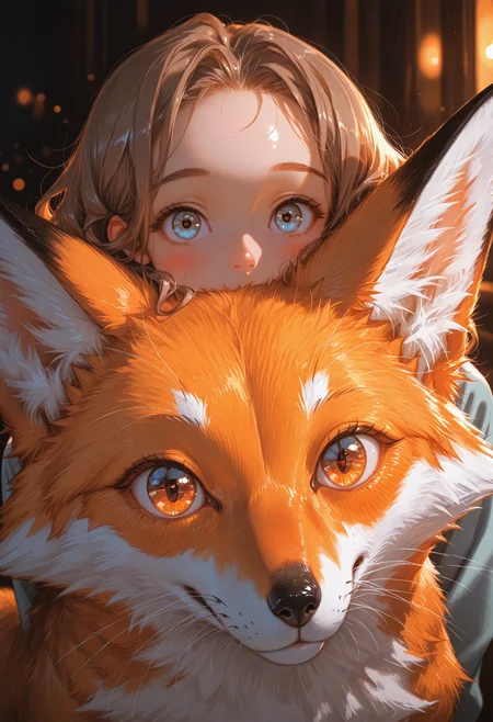 1girl, human, fox, fluffy, duo,
close-up, heads stack, looking at viewer,
large eyes, light blue eyes, eye reflection, wavy brown hair, forehead, eyebrows, peach skin, pink cheeks, pink nose,
orange and white fur, brown eyes, black nose, whiskers,
soft lighting, gentle light, warm lighting,
kind atmosphere, warm atmosphere, curious atmosphere,
innocence, gentle expression, curious expression,
masterpiece,best quality,amazing quality,
 <lora:GBF_Illustrious:0.5>, <lora:MoriiMee_Gothic_Niji_Style_Illustrious_r1:0.5>, <lora:Smooth Booster:0.5>, <lora:USNR STYLE_XL_loha:0.5>