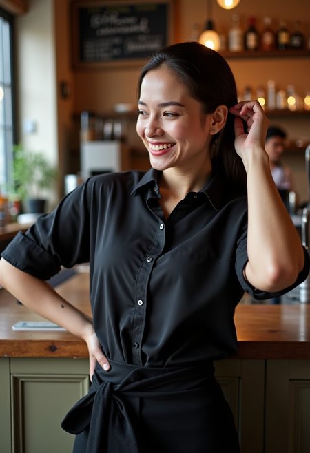 A slender woman in her early 20s, with a pixie cut and a playful smirk on her face. She is wearing a black collared button-up shirt with the sleeves rolled up to her elbows, tucked into fitted high-waisted black trousers. A black half-apron is tied snugly around her waist, with a towel tucked into the side. She's finishing tying her long, dark hair back into a sleek ponytail. Her makeup is simple and natural, with a touch of mascara and a swipe of tinted lip balm. She's standing behind a busy counter, surrounded by the bustling atmosphere of a cozy, rustic-chic bistro. perfection style,  herbstphoto,
