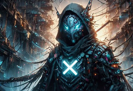 Techwear fashion (((Ultra-detailed, Hyper-realistic, 8k, highres, masterpiece))),(full length highly detailed intricate cyborg demonic-skeletal) (extremely tattered cloak),((highly detailed intricate tech body,vibrant colours,decaying parts, Intricate exposed wiring, exposed wires,exposed circuitry,electric glow)),((highly detailed cyber-skeletal head,signs of decay,exposed wiring, exposed wires,exposed circuitry,electric glowing eyes)),(((random pose))),in a highly detailed Labratory background with Test tubes,holographic screens,covered in pulsing electricity,cyber setting,cinematic,realistic,science fiction,dark colours,background light,<lora:add-detail-xl:1>,<lora:X:0.8>,<lora:cyberpunk:0.8>,tooimage,cyberpunk,futuristic city,<lora:Cyberpunk Kit By Cyberscap:0.8>, robot,cyberpunk,1girl, . Futuristic, cyberpunk, urban, tactical, sleek, dark, highly detailed
