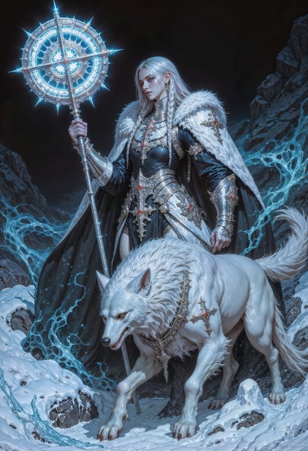 A female warrior of ice and vengeance, the Frostbound Valkyrie emerges from the frozen tundras clad in glistening armor forged from enchanted permafrost. Her braided silver hair carries the chill of eternal winter, and her breath fogs the air with each exhale. Her piercing ice-blue eyes shine with the determination of a thousand battles. In her hand, she wields a colossal frost-encrusted warhammer, its head shimmering with a frozen aura capable of shattering even the strongest defenses. A spectral wolf, composed of swirling snow and ice, stalks at her side, its eyes glowing with a feral light. Wherever she treads, frost blooms and the whispers of fallen warriors drift on the icy wind.
 <lora:flux.1_lora_flyway_Epic-detail_v2:0.85> <lora:FluxMythAn1meL1nes:0.8> <lora:MoriiMee_Gothic_Niji_Style__FLUX_LoRA_Test_2:0.65>