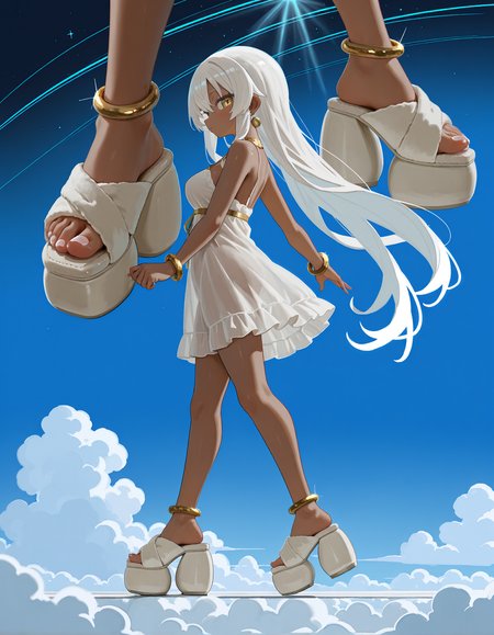 masterpiece, best quality, amazing quality, very aesthetic, high resolution, ultra-detailed, absurdres, 
by kanikama, 
multiple views, from side,
1girl, 
elegant flowing white nightgown with fluffy trim, gold jewellry, cold bracelets, gold anklets, gold trimmed clothing, fine detail, medium breasts, white hair, sparkly hair, skipping, exteremely long flowing hair, very dark skin, gold eyes,
clouds, sky, walking on clouds, dancing, scenery,
god rays, daytime galaxy sky,
looking at viewer,
(cl0ud sandals), (platform footwear:1.2),
foot focus, close-up of feet, perfect feet, detailed feet, white toenail polish,