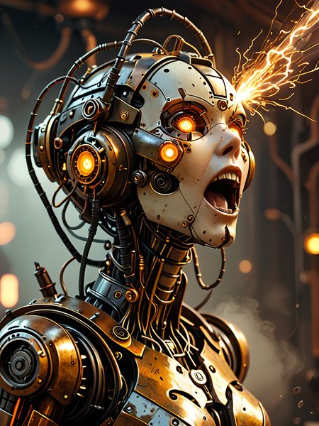 steampunk female robot screaming, mouth open   <lora:add-detail-xl:1>, electrical sparks,  masterpiece, 8k,warm colors, illustration, (volumetric fog:1.5)