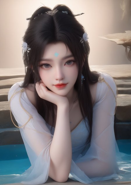 (looking_at_viewer:1.4),full_shot,chin_rest,bunching_hair,lying_on_water,1girl,solo,dress,hair ornament,portiart,from front,masterpiece,(best quality),official art,extremely detailed cg 8k wallpaper,crystalstexture skin,(extremely delicate and beautiful),solo,realistic,photo_\(medium\),hiqcgbody,chinese background,eye-contact,(smile:0.7),jewelry,absurdres,incredibly absurdres,huge filesize,<lora:æ¸æ¼ª_V1-000001:1>,