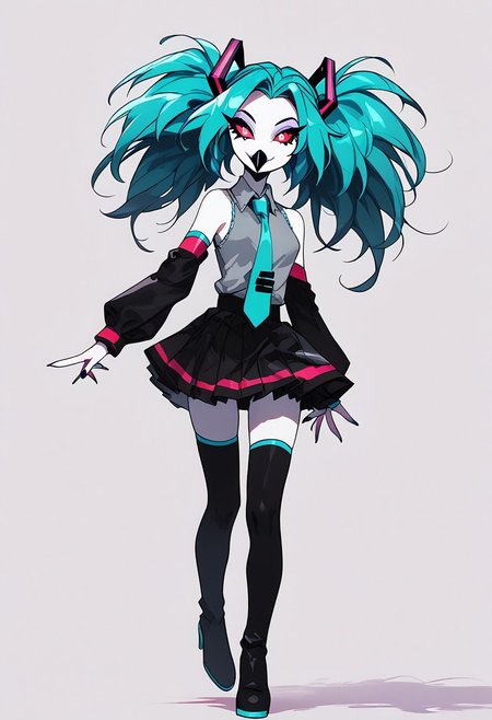 score_9, score_8_up, score_7_up, score_6_up, 1girl, solo, octavia, octavia, avian bird demon owl owl_demon, beak, red sclera, from hellova boss, anthro furry, teal hair, twin tails, holding microphone, white skin, perfect face, perfecteyes, sexy, sexy girl, beautiful eyes,  dancing, dynamic angle, full body shot, red eyes, glowing eyes, pop star, singing, <lora:hatsune-miku-cosplay-ponyxl-lora-nochekaiser:1>, hatsunemikucosplay, hatsune miku \(cosplay\), aqua necktie, black footwear, black skirt, black sleeves, boots, collared shirt, detached sleeves, grey shirt, necktie, pleated skirt, shirt, skirt, sleeveless, sleeveless shirt, thigh boots, tie clip,