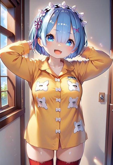 score_9,score_8_up,score_7_up, masterpiece, Henreader, 1girl, solo, source_anime, scenery, (mature woman:1.2), (wide thighs:1), (wide hips:1), (detailed eyes, high definition eyes,high gradient eyes,eyesHD), (best quality:1.4), a close up of a woman with colorful hair, anime girl with cosmic hair, rossdraws pastel vibrant, artwork in the style of guweiz, fantasy art style, colorful, vibrant fantasy style, cosmic and colorful, guweiz, colorfull digital fantasy art, stunning art style, beautiful anime style, shiny, shiny skin, (beautiful female), beautiful face, clear face, Shiny hair, (blue hair:1.2), (short hair:1.2), (blue eyes:1.2), mischiveous smile, provocative look, begging dog pose, two tender canine fangs in her open mouth,  Expressiveh, concept art, beautiful_female_fingers, perfect hands, detailed hands, beautiful hands, professional anime, (rem from re:zero:1.2), (rem:1.2), blue eyes, blue hair, hair ornament, hair over one eye, hair ribbon, short hair, x hair ornament, big breasts, perfect body, seductive girl, (standing, arms behind head), (looking at viewer), red thighhighs, pajamas, calpajamas