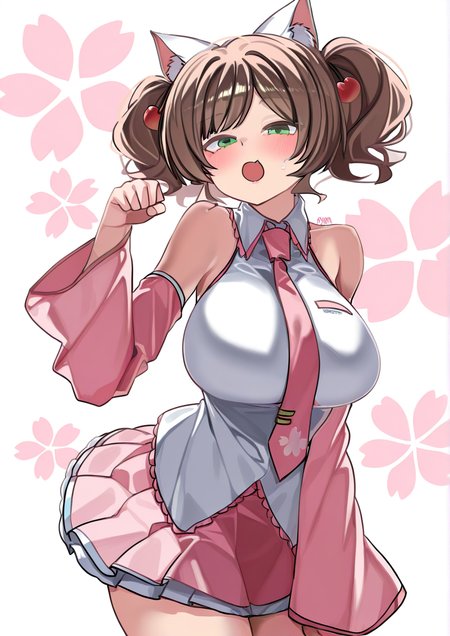 <lora:RIRUA:1.2>,1girl, hatsune miku, maekawa miku, sakura miku, huge breasts, animal ears, breasts, brown hair, cat ears, cherry blossoms, collared shirt, cosplay, detached sleeves, frilled shirt, frills, green eyes, long sleeves, looking at viewer, name connection, necktie, paw pose, pink necktie, pink skirt, pink sleeves, sakura miku (cosplay), shirt, short hair, skirt, sleeveless, sleeveless shirt, solo, standing, white shirt, wing collar,