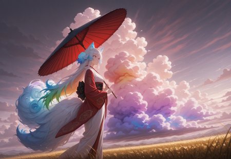 masterpiece, best quality, absurdres,anime style,detailed eyes,
1 female solo,((((Cloud hair)))),long hair,blue eyes,kitsune tails,white kimono,red sleeves,golden embroidery,
wide shot,from side,feet out of frame,low angle,
looking to the left,sun umbrella,washi umbrella,multicollored umbrella,red umbrella,black umbrella,walking along rye field,

background, ((((huge fluffy Clouds)))),((((rainbow gradient cloud)))),dimly lit,