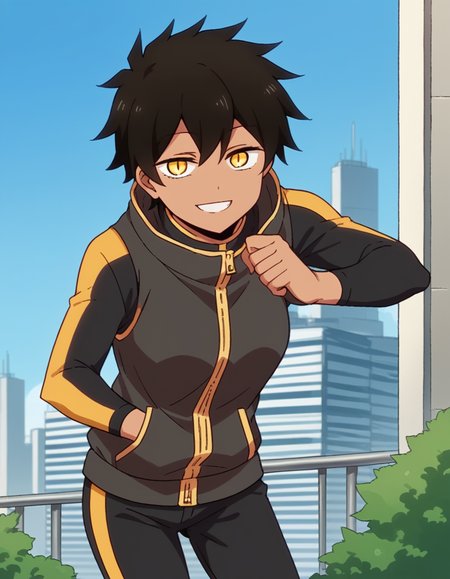 score_9, score_8_up, score_7_up, source_anime,
natsumikurobe, <lora:natsumi-kurobe-s1-ponyxl-lora-nochekaiser:1>,
natsumi kurobe, short hair, black hair, yellow eyes, slit pupils, dark skin, dark-skinned female,
jacket, pants, hood, zipper, tomboy,
cityscape, bent over, smile,
looking at viewer, cowboy shot, solo, dutch angle,