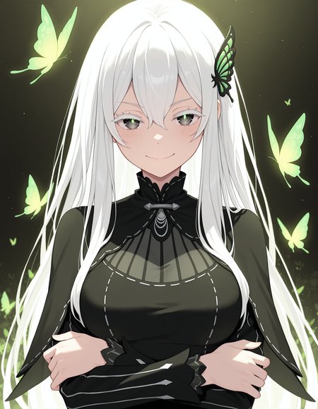<lora:Echidna_1:1>1girl, solo, 
ech1dna, echidn4dress, 1girl, colored eyelashes, butterfly hair ornament, smile, white hair, bug, looking at viewer, hair between eyes, black dress, black capelet, vertical-striped dress, breasts, crossed arms, long sleeves, glowing green butterfly, vertical-striped clothes, closed mouth,, masterpiece, best quality, amazing quality