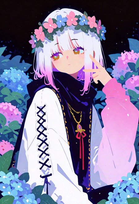 masterpiece, best quality, good quality, newest, highres, absurdres, 
1girl, solo, hijab, brown eyes, hair ornament, ribbon, closed mouth, jewelry, upper body, flower, long sleeves, hand up, necklace, red ribbon, looking to the side, gradient hijab, leaf, pink flower, blue flower, multicolored eyes, arm warmers,laced clothes, head wreath, hydrangea, ,laced sleeves, Ethereal Brushstroke,
Flat vector illustration,
h4ra_illu,
momosp <lora:illustriousXL_stabilizer_v1.23:0.3> <lora:NOOB_vp1_detailer_by_volnovik_v1:0.3> <lora:ponyv6_noobE11_2_adamW-000017:0.45> <lora:Illustrious:0.15> <lora:XXX667:0.75> <lora:checkpoint-e18_s306:1.3> <lora:hara_id_21:0.85> <lora:MomoSweetSpaceILL:0.8>