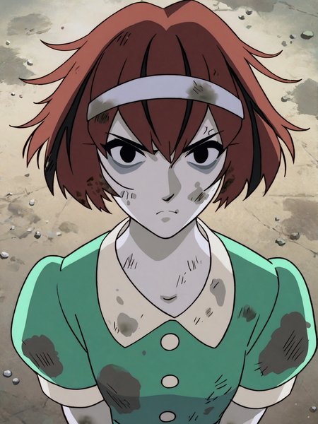 source_anime, score_9, score_8_up, score_7_up, anime screencap, 8k, absurd res, <lora:BigO_PDXLv1 Dorothy-000060:0.7> 1girl, solo, dorothy_greendress_(the_big_o), short hair, buttons, green dress, white hairband, black eyes, pale skin, angry, dirty, dirty face