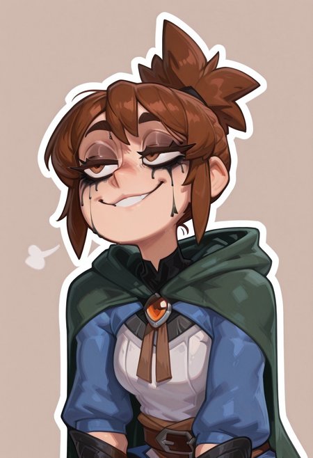masterpiece, best quality, newest, absurdres, highres, pixelsketcher, portrait,  
1girl, thick eyelashes, detailed eyes,small breasts, ,runny makeup, runny mascara, brown hair, brown eyes,short hair,smug
simple background, outline,m4rci, short hair, brown hair, ponytail, brown eyes,green cape, hooded cape, shrug \(clothing\), blue jacket, sleeves past elbows, white shirt, brooch, brown belt, vambraces, blue skirt, black leggings