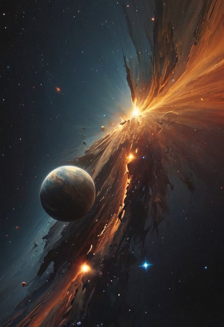 Illustrate a breathtaking scene of two planets colliding in a cataclysmic event. The image should capture the moment of impact, with debris and fragments flying in all directions. One planet should be a vibrant blue and green, representing Earth-like qualities, while the other is a fiery red and orange, symbolizing a hostile environment. The collision should create a massive explosion of light and energy, illuminating the surrounding space with a chaotic blend of colors. Surrounding stars and cosmic dust should add to the sense of vastness and destruction, evoking feelings of awe and devastation.
[style of greg rutkowski,janek sedlar,jenny saville:0]  <lora:vivid_everclear:0.35>  <lora:Sinozick:0.35>  <lora:MJ52:0.35>