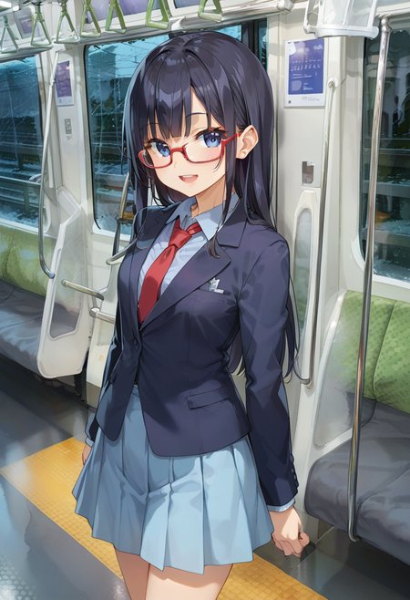 score_9, score_8_up, score_7_up, rating_safe, masterpiece, best quality, absurdres, unity 8k wallpaper, official art, official style, source_anime, game cg, megami magazine,  glasses,
1girl, solo, glasses, black hair, long hair, blue eyes, collared shirt, red necktie, pleated skirt, blue skirt, standing, smile, closed eyes, open mouth,  looking at viewer, 
e235, seat, close-up, scenery, rain, window, train interior, night, indoors, 
<lora:E235_PONY_V1:1>