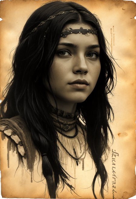 illustrated on old yellowed parchment,  a beautiful 18 yo native american girl. (text description), bold black brush strokes, intricate details, high resolution, mysterious, epic,  , head shot, in the style of Anne Brigman