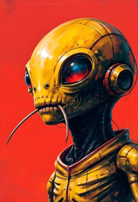 cinna flow, A red-eyed alien with one large yellow head, one blue eyeball, and two long thin teeth sticking out of its mouth. In the style of Richard Corben. Very detailed, vibrant colors