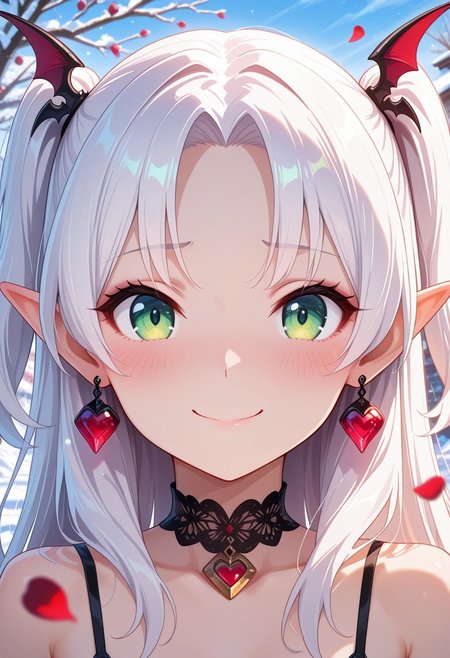 masterpiece, best quality, amazing quality, BREAK, 1girl, 25 years old, perfect face, petite,  
detailed face, portrait, face focus, depth of field, looking at viewer, blush, shy smile, 
green eyes, 
white hair, long hair, two side up, parted bangs, pointy ears, red earrings, jewelry, bat hair ornament, black choker, 
bat bra, rose petals, 
snow, winter, outside, day,