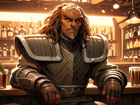 sitting at a bar drinking ale from a large mug <lora:Klingon_v2_pony:1> score_9,score_8_up,score_7_up,score_6_up,score_5_up,score_4_up , 1man, kling0n alien, large forehead ridges, brown skin, large eyebrows, wearing warrior armor,