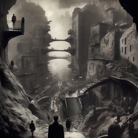 eldoria dark surreal city on the rocks composed of stairs, groups of people, dark atmosphere, very realistic detail, cinematic<lora:eldoria:1>