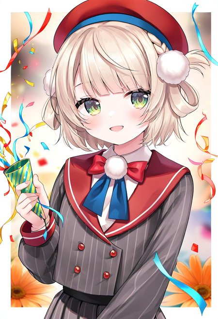 1girl,andou rainbow johnny johnny,shigure ui \(vtuber\),shigure ui \(vtuber\) \(1st costume\),shigure ui \(vtuber\) \(young\),indie virtual youtuber,:d,ahoge,beret,black hair,blonde hair,blue ribbon,blunt bangs,blush,border,bow,bowtie,braid,brown jacket,buttons,closed mouth,collared shirt,confetti,dot mouth,eyelashes,fingernails,flower,green eyes,hair bow,hair ornament,hair rings,happy,hat,holding,holding party popper,jacket,long hair,long sleeves,looking at viewer,multicolored eyes,open mouth,orange flower,party popper,pinstripe jacket,pinstripe pattern,pom pom \(clothes\),pom pom hair ornament,red bow,red bowtie,red hat,red sailor collar,ribbon,sailor collar,school uniform,shirt,short hair,side braid,side ponytail,smile,swept bangs,tongue,virtual youtuber,white shirt <lora:caoXL_NBVP1_lokr_V6311PZ:0.95>
