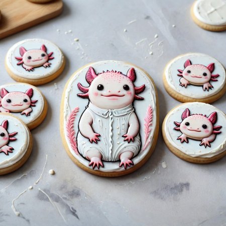 <lora:lora:1>cookie art design,  <lora:Axomodelv2.1:1> simple round cartoon  cookie art,  delicious cute axolotl  cookies  with icing, flat cookies, cookies with cute design  <lora:add-detail-xl:1>,