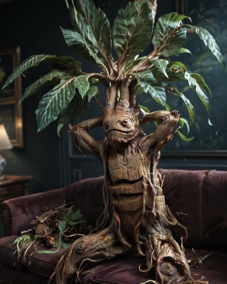 score_9, score_8_up, score_7_up, intricate details, rating_questionable,
<lora:homri52:1>,
<lora:Mandrake:1>, Mandrake, plant monster, leaves, bark, black eyes, yellow-brown bark
, looking at the viewer, solo, happy, 
cowboy shot, sitting on a sofa, leaned back, arms raised, hands behind head, typical clothing), comfy living room, at night, dark room, low light,
masterpiece, 
detailed background, depth of field, 
<lora:ral-chrosc-clr:0.5>, ral-chrosc-clr,
<lora:Expressive_H:0.5>, Expressiveh,
<lora:xl_more_art-full_v1:0.3>,
<lora:add-detail-xl:0.3>,
