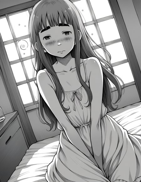 score_9, score_8_up, score_7_up, source_anime,
aikotanaka, <lora:aiko-tanaka-manga-ponyxl-lora-nochekaiser:1>,
aiko tanaka, long hair, bangs, thick eyebrows, blush, greyscale, monochrome,
dress, white dress, collarbone, bare shoulders, sundress,
indoors, bed, bed room, on side, blush, drunk,
looking at viewer, cowboy shot, solo, dutch angle,