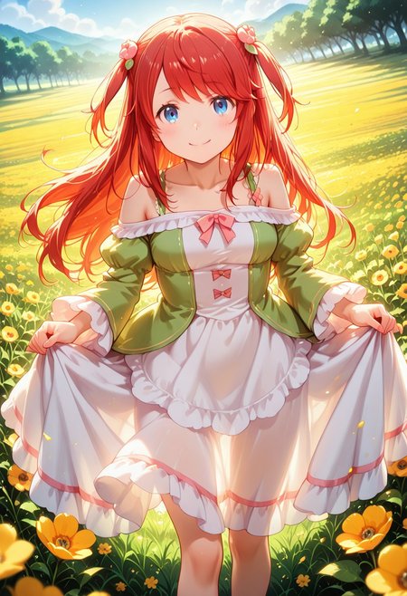1girl, solo, masterpiece, best quality, newest, absurdres, CG, anime, source anime, illustration, very aesthetic, high resolution, ultra-detailed, newest, scenery, medium depth of field, rule of thirds, masterpiece-level, clean lines, sharp, focused subject, <lora:Theresia_van_Astrea_r1:1>
BREAK 1girl, solo, Theresia_van_Astrea, t_theresia, hair ornament, blue eyes,long hair, red hair,flower, hair flower,two side up,
white dress, dress
dynamic pose, standing, happy, smiling, blushing, joyful
outdoors, meadow, flowering wildflowers, poppies, cornflowers, day ,sunny
cinematic angle, various angles, detailed background, beautiful background, (rays light:1.0),(grow:1.0), light particles