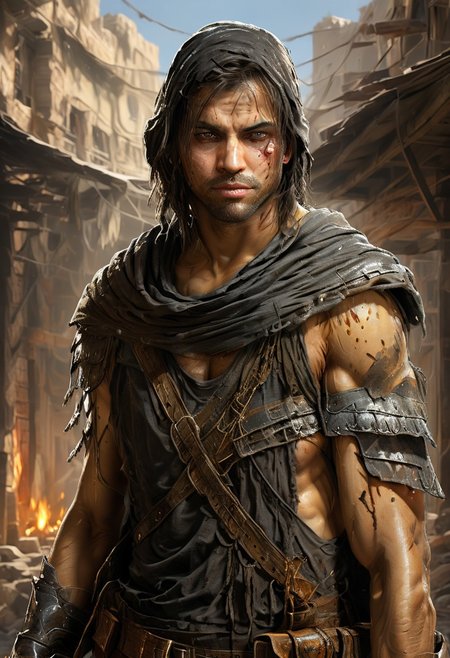 super realistic image with ultra high quality and correct anatomy of the perfect (very sexy warrior) in various dynamic poses, photorealism, with sharpness in focus, clean and anatomically correct face and limbs, torn clothes, raised hands behind the head, captured and enemies a soldier pointed a machine gun at his head