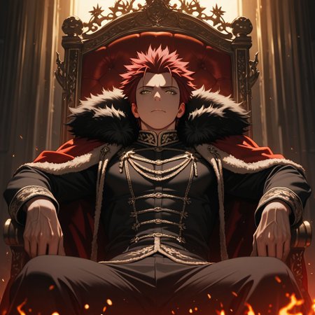 masterpiece, best quality, amazing quality, absurdres, newest, detailed background, definition so sharp, Ultra-HD, 8K cinematic, very awa, impressionate, amazing quality, highres, 
solo, male focus, manly, 
1boy, spiked hair, short hair, mikoto_red hair, mikoto_yellow eyes, mikotosuoh, royal attire, fur trim, dim lighting, shadows, regal, commanding presence, confident, unapproachable, burning embers, faint light, throne, leaning back, relaxed pose,