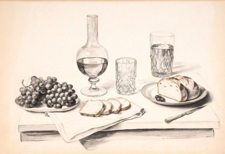 a sketch of a still life, no humans, food, grape, indoors, glass, flower, bread, monochrome, <lora:sketch_study_XL_resize:1.2>