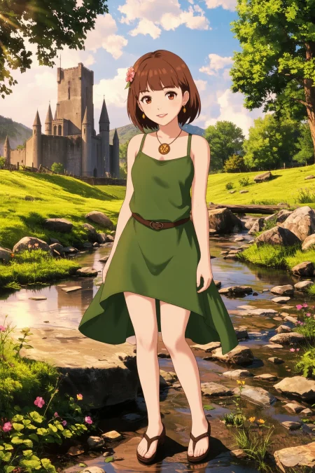 Vincentian graduated bob light brown hair (young woman), (druid:1.2), anime, illustration, (extremely detailed), (portrait), (standing:1.2), (happy smile), flower in hair, glossy lipstick, celtic necklace, medallion earrings, loincloth, (sandals),  Green (druid short dress), (legs), heels, (sharp focus),  fantasy, (beautiful celtic landscape:0.9), (small rock:0.9), (moss:0.4), (ripples, reflections:0.8), celtic  castle, (small river small pond:0.5), druid forest, (druid village:1.2), (stunning nature environment:0.8), (enchanted land:0.5), clovers, (Linen flowers:0.9), leaves,bright (sunny sky), (sunset:0.3), best quality, colorful, wet floor, raytracing, hdr, high contrast, ethereal natural lights, backlight, (lens flare:0.4), shadows, (vibrant colors, colorful):0.6, pretty, beautiful, happy, smiling, feminine, sexy, lovely, in love, adorable, fashion,  <lora:Hand v2:1> <lora:Anti-Blur:1> <lora:RetroAnimeFluxV1:0.4> <lora:Luminous_Shadowscape:0.4>  <lora:SujatmikoArafuru_Flux:0.2> Suzume style