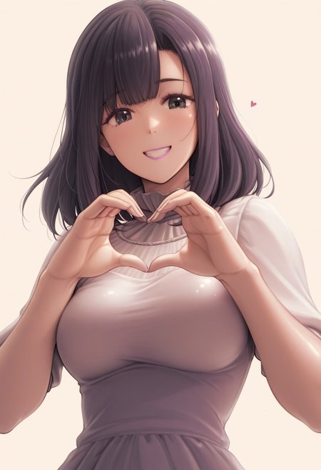dre , 1girl, solo, medium build, medium hair, sfw, safe for work, covered skin, flowy dress,  black eyes, purple lipgloss, smiling, portrait, upper body, heart hands, mature female, foreshortening, detailed, newest, shiny skin, cowboy angle, solo focus, medium breasts,