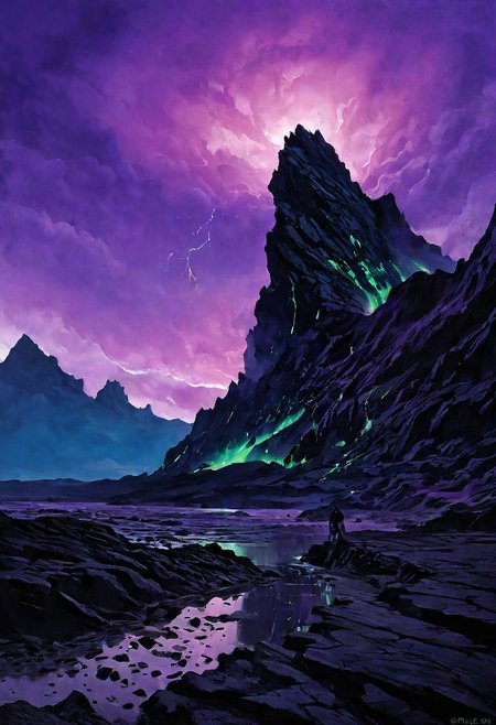 DB4RZ style painting, A dark, otherworldly volcanic landscape looms under a vast, star-filled night sky. The monumental volcano, towering and ominous, is formed from nearly black rocks and violently erupts with glowing streams of magma that pour down its slopes, casting an eerie light across the scene. Above, gigantic clouds swirl, unnaturally illuminated in vivid, otherworldly hues of deep purples, greens, and electric blues, stark against the dark sky. The stars seem brighter than usual, scattered like silver dust across the heavens, adding to the surreal atmosphere. Amidst this chaotic beauty, a lone cloaked figure sits quietly on a jagged outcrop of stone, silhouetted against the volcanic glow. The strange mix of the volcanic fury, the alien light from the clouds, and the serene starlit sky creates a scene both majestic and unsettling, where natural forces collide with unnatural light in a sublime display. (purple sky colors: 2.5) (ethereal glow: 2.3)
 (8k uhd:1,4)
 <lora:add-detail-xl:1>
 <lora:Dynamic Poses:1>