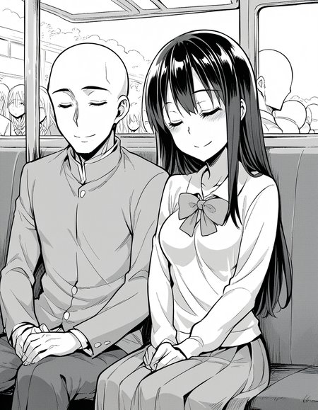 score_9, score_8_up, score_7_up, source_anime, <lora:saki-yoshida-manga-ponyxl-lora-nochekaiser:1>, saki yoshida, long hair, monochrome, greyscale, black hair, medium breasts, <lora:leaning-on-person-side-by-side-ponyxl-lora-nochekaiser:1>, leaning on person side-by-side, sitting, hetero, sleeping, couple, train interior, leaning on person, school uniform, faceless male, bald, faceless, smile, blush, closed eyes,,