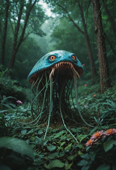 score_9, score_8_up, score_7_up zPDXL3  (astonishing hybrid creature) with fungal spotted white skin, vines on the body, fungal tendrils, gills, tentacles, luminescent eyes, ethereal wisps, set in a lush alien forest, teeming with vibrant, oversized flowers that emit a faint glow, dense foliage providing shelter to mysterious, alien creatures, at night  ,zPDXLrl,  dynamic pose,  <lora:detailed_notrigger:1>